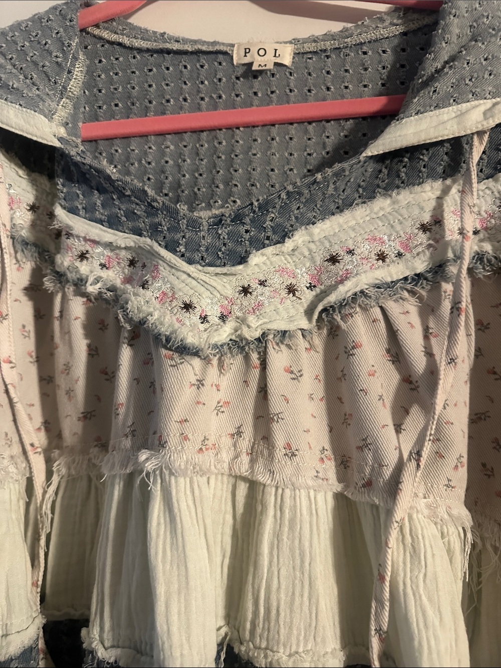 POL Patchwork Peasant Top in Dusty Blue & Cream - Picture 5 of 7